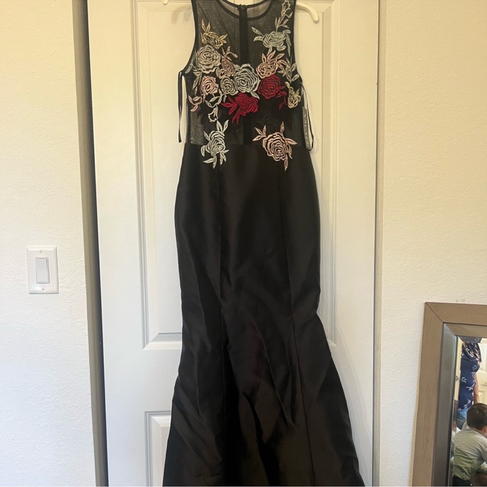 Xscape Black Gown with Red and Ivory Floral Appliqué
